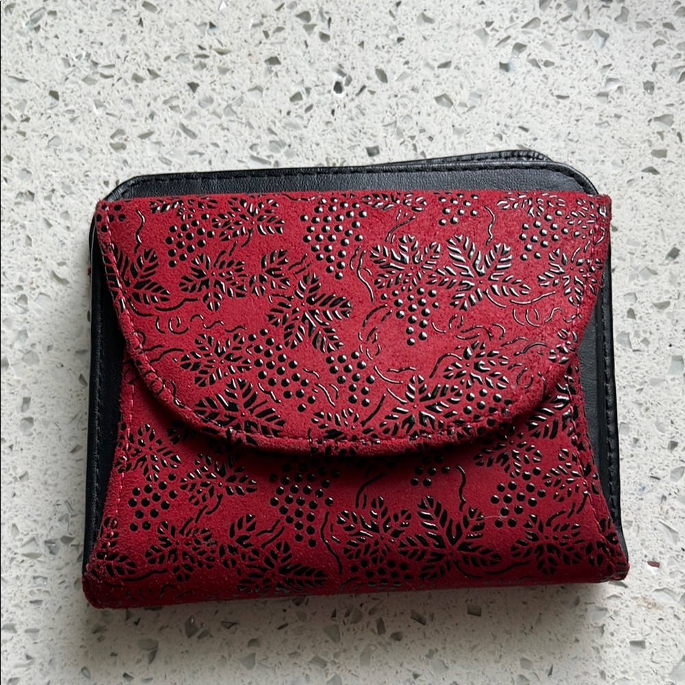 Elegant Red and Black Compact Wallet with Floral Design